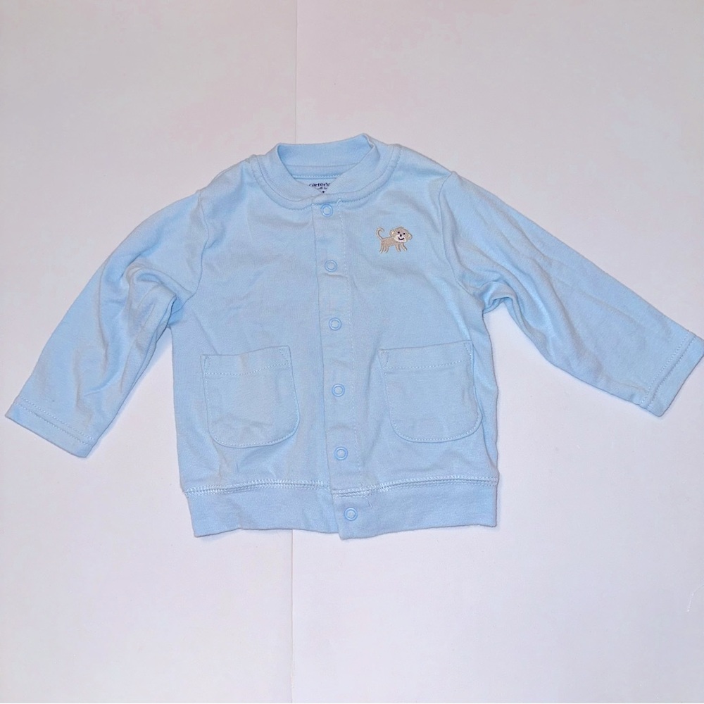 Carter's - Embroidered Monkey Light Blue Cotton Baby Snap Cardigan EUC 12 Months